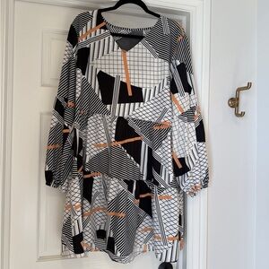 Geometric Black and White Dress with Orange Accents